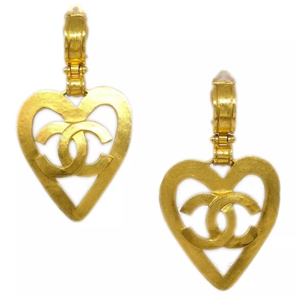 Chanel Dangle Heart Earrings Gold Clip-On 95P - Picture 1 of 4